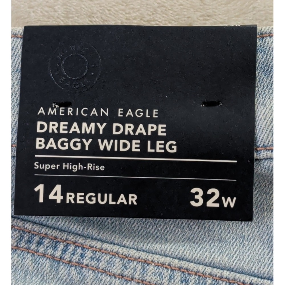 American Eagle Super High Rise Baggy Wide Leg Jeans Womens 14 Blue Distressed - Picture 4 of 9